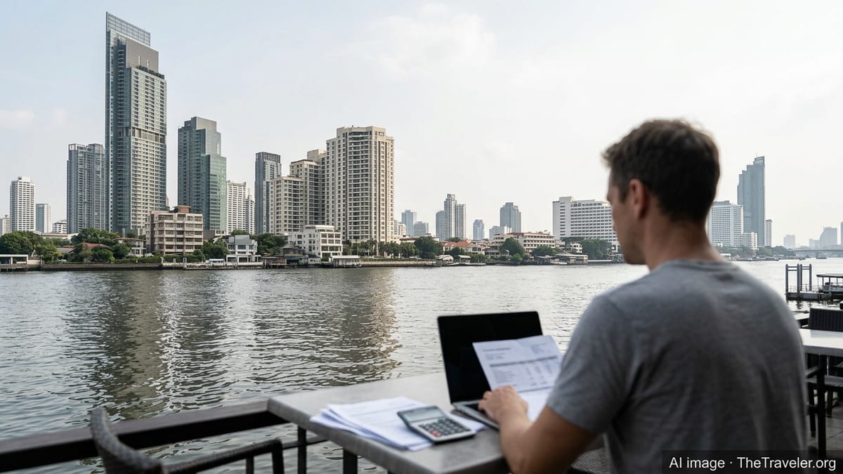 Foreign professional in Bangkok reviewing financial documents by the river with city skyline.