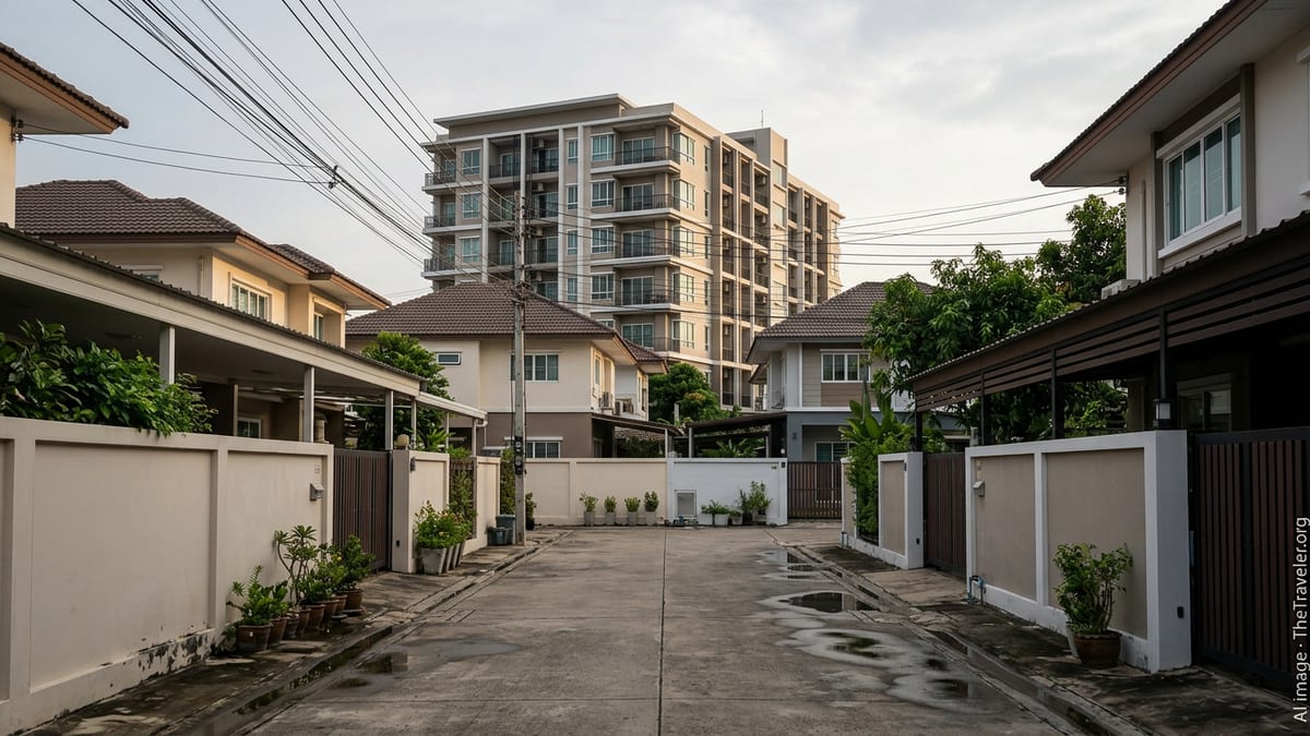 Bangkok residential street with walled houses and a mid-rise condominium building in the background.