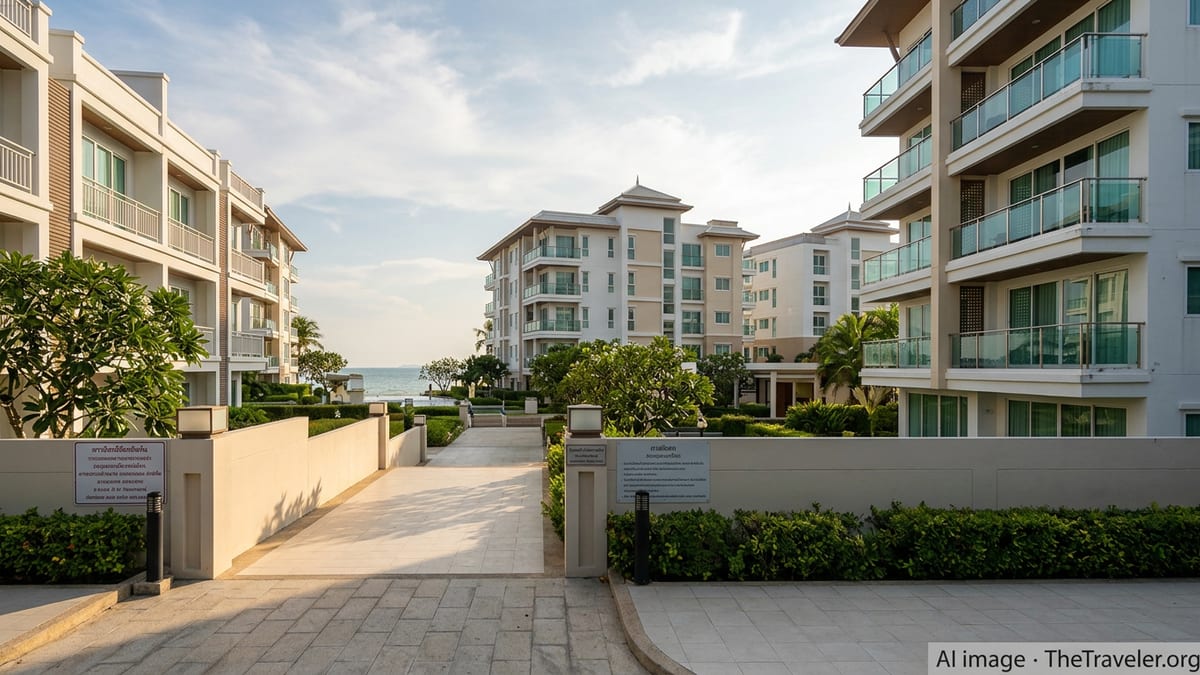 Modern Thai beachfront condominium buildings with glass balconies and tropical landscaping at sunset.