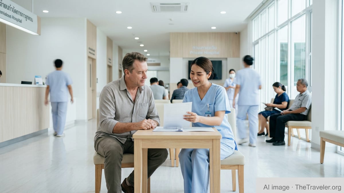 Expat patient consulting with Thai nurse in a modern Bangkok hospital waiting area