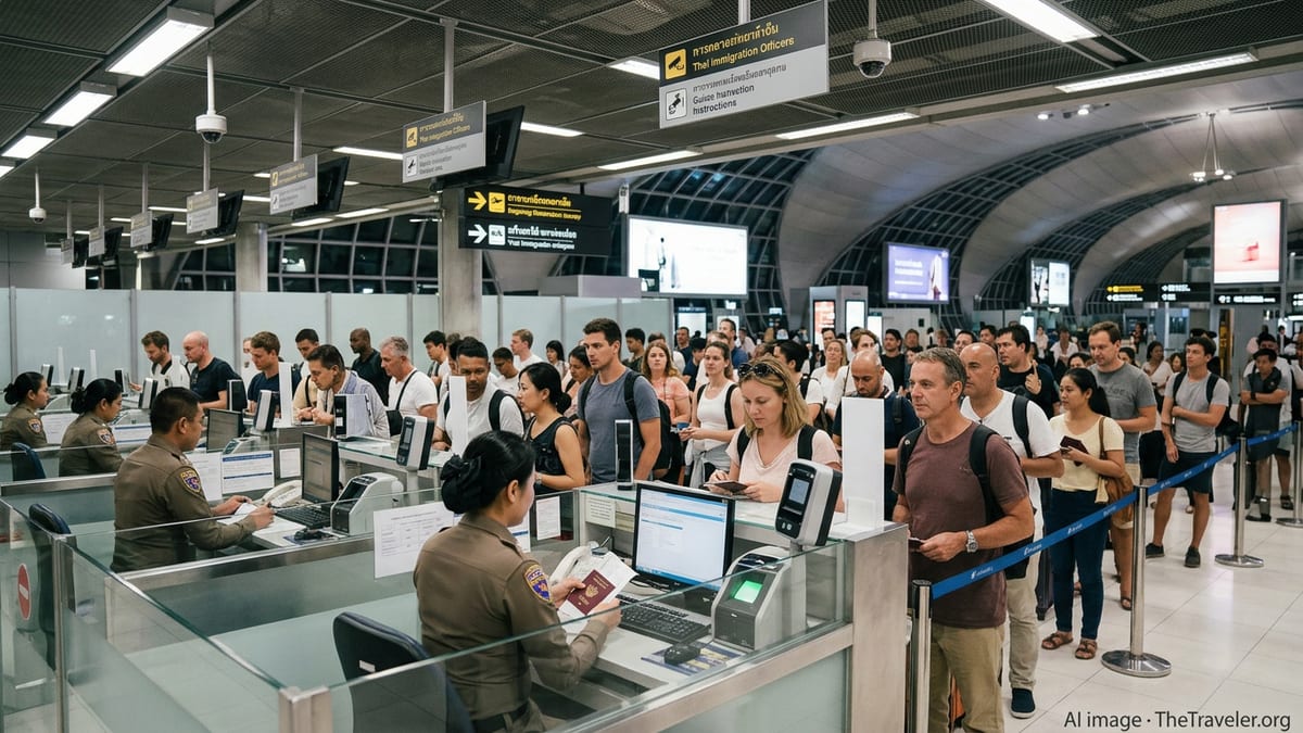 Foreigners queue at a Thai immigration checkpoint where officers inspect passports.