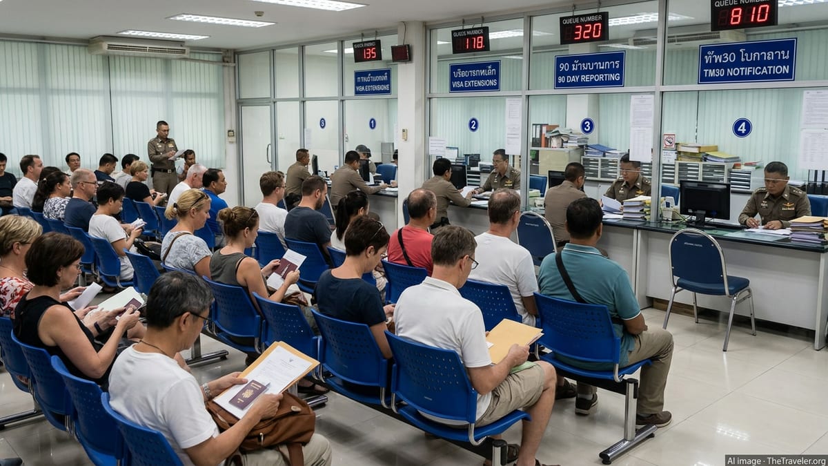 Expats waiting in a busy Thai immigration office with officers working at service counters.