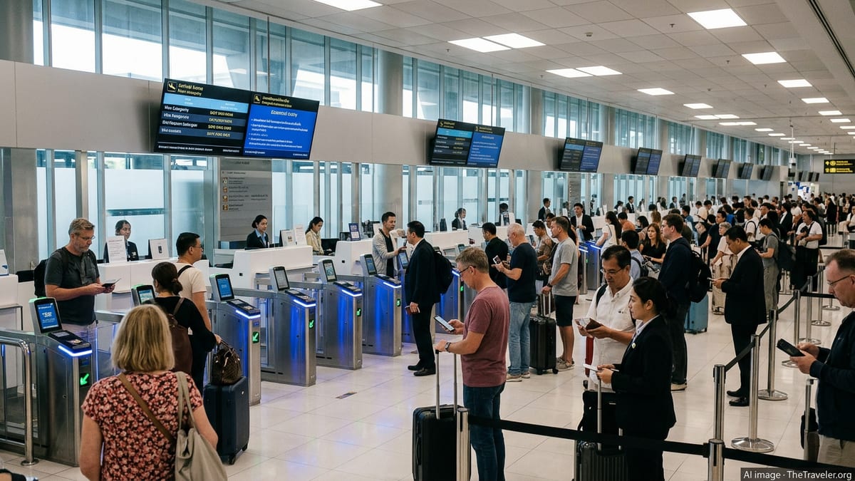 Expats and travelers queue at Bangkok airport immigration counters under large digital arrival screens.
