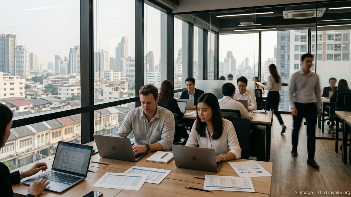 Remote workers in a Bangkok coworking space reviewing income tax figures.