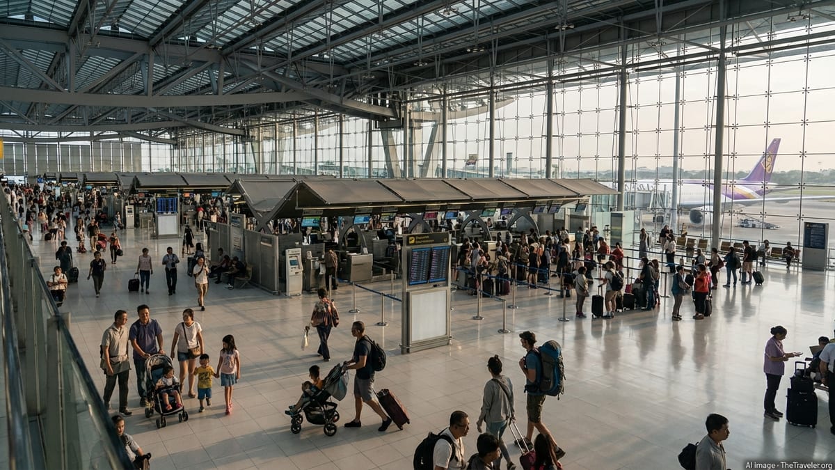 Busy departures hall at Suvarnabhumi Airport in Bangkok with travelers and glass walls.