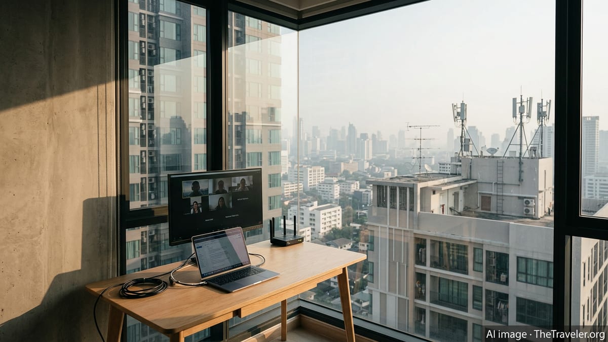 Remote worker desk with laptop and Wi-Fi router overlooking Bangkok skyline.