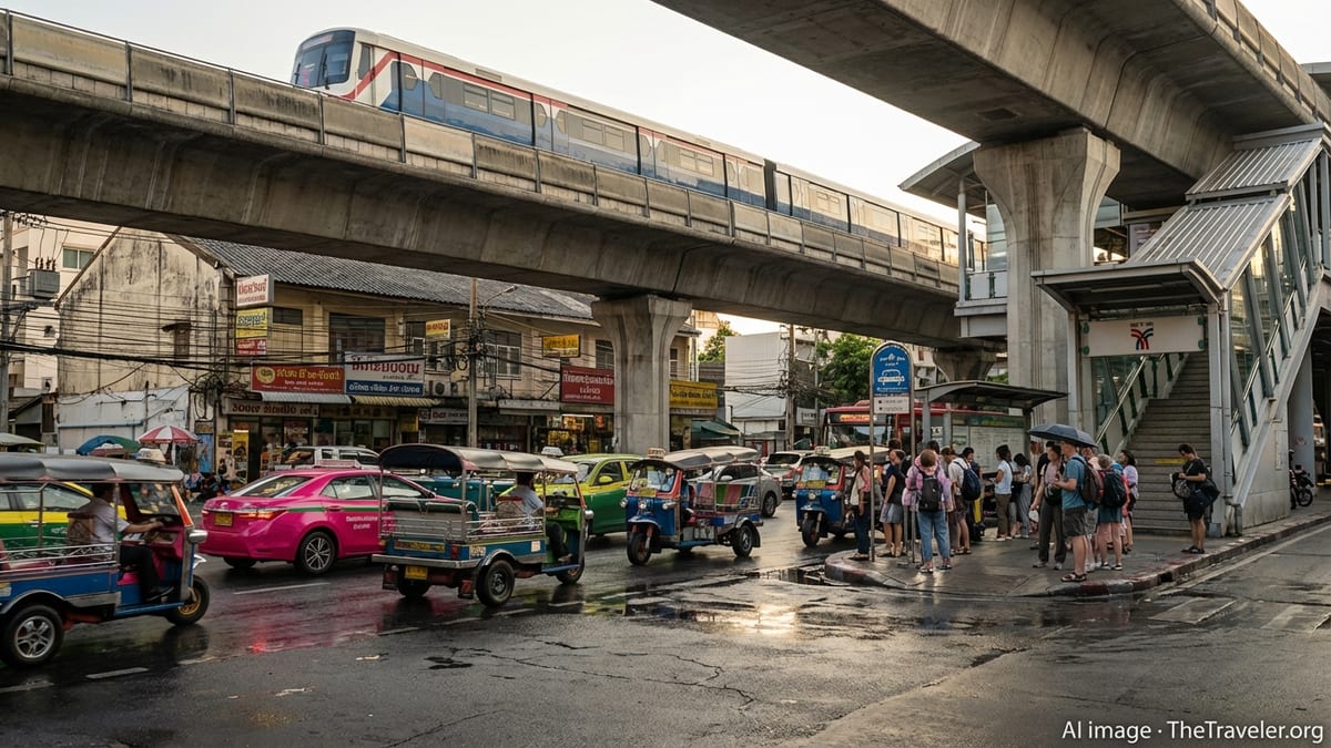 Busy Bangkok street with tuk tuks under an elevated BTS Skytrain at sunset