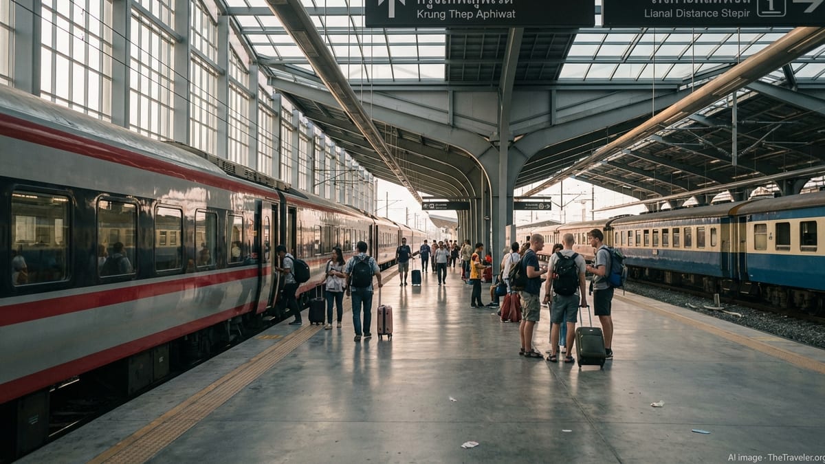 Travelers boarding a long-distance sleeper train at Krung Thep Aphiwat Central Terminal in Bangkok at dusk.