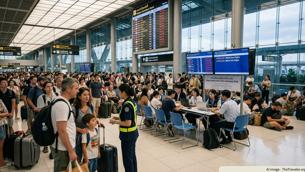 Airport staff at Bangkok Suvarnabhumi assist stranded travelers at a crisis help desk.