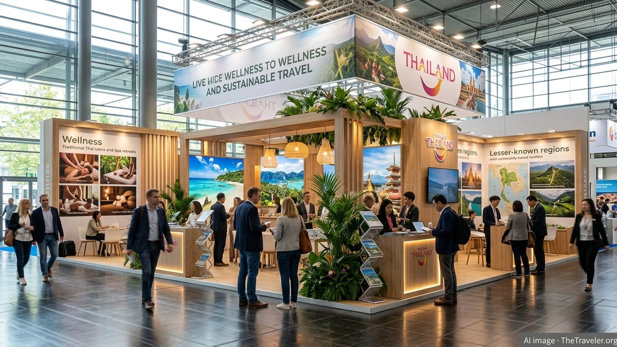 Trade visitors walk past a modern Thailand pavilion at ITB Berlin 2026, highlighting wellness and sustainable travel.