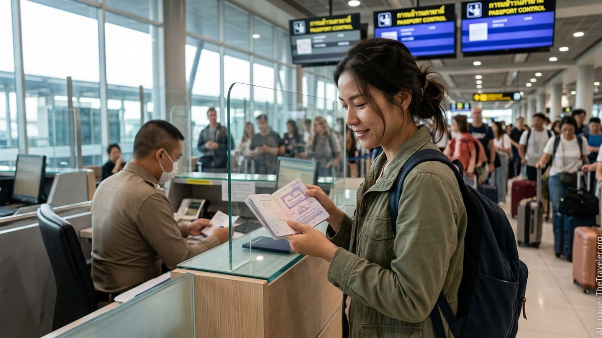 Traveler holding passport at Thai airport immigration counter with entry stamp visible.