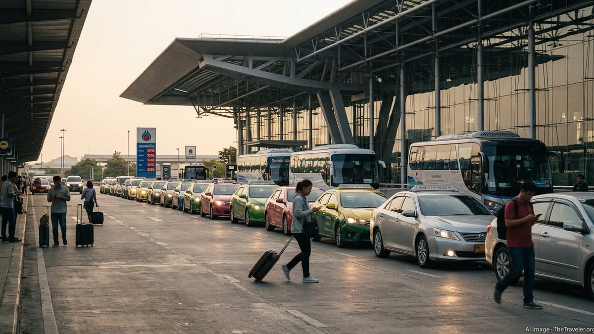 Bangkok airport taxis and buses waiting at a quiet departures curb at dusk.