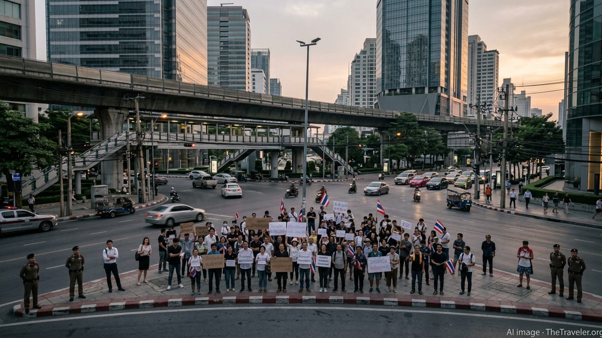 Bangkok street at dusk with small peaceful protest and office buildings in background
