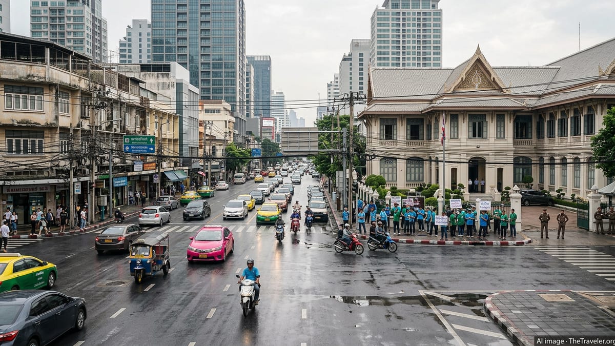 Busy Bangkok street near government buildings with light protest presence and police, illustrating political stability risks.