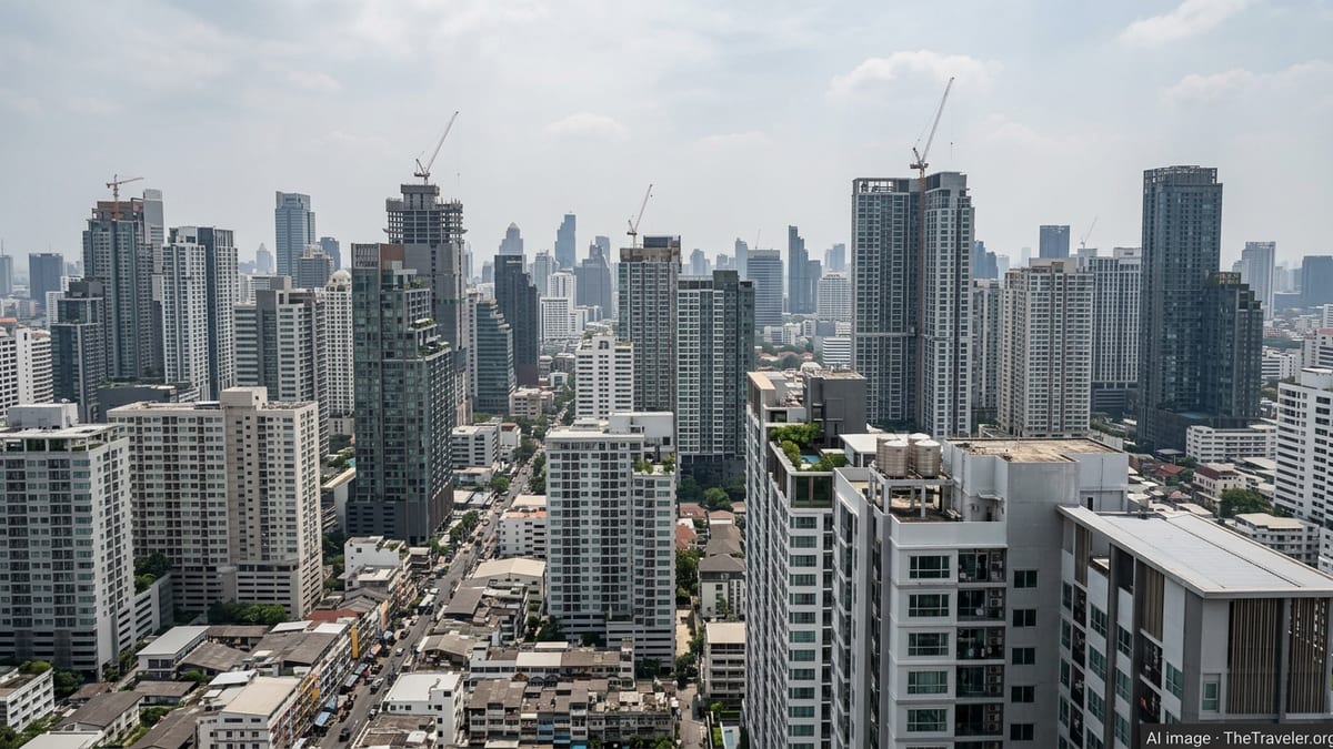 Bangkok skyline with dense clusters of condominium towers under hazy daylight.