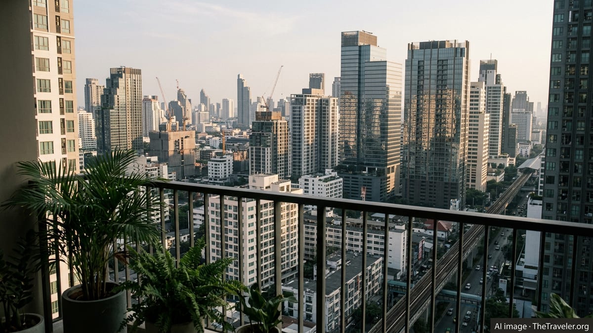 Bangkok condominium skyline viewed from a balcony at sunset, showing dense high-rises and ongoing construction.