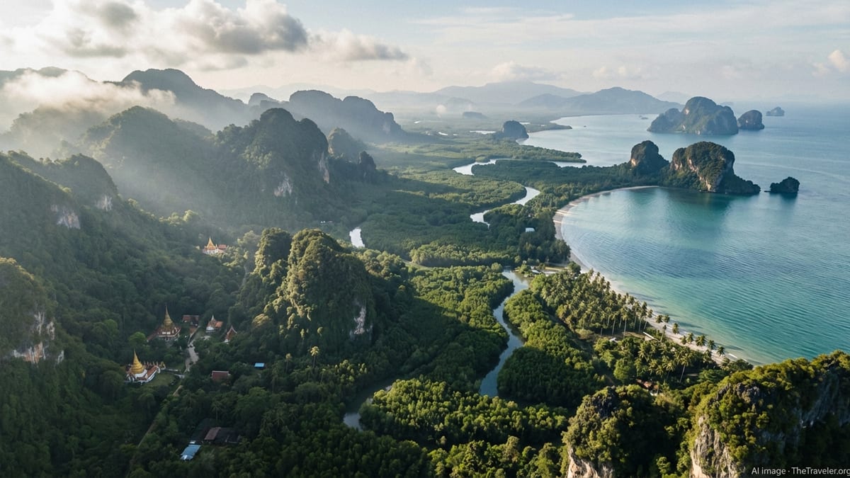 Aerial view of Thailand’s misty northern mountains fading into tropical coastline and islands at sunrise.
