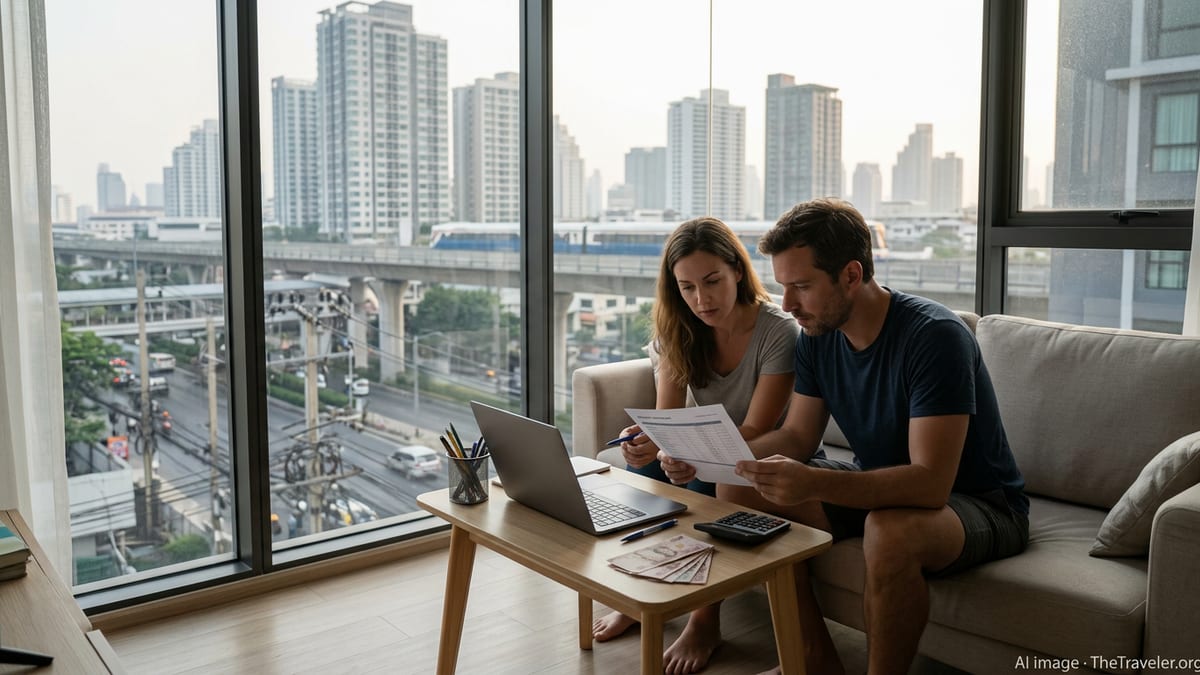 Expat couple in a Bangkok condo reviewing a relocation budget with the city skyline outside.