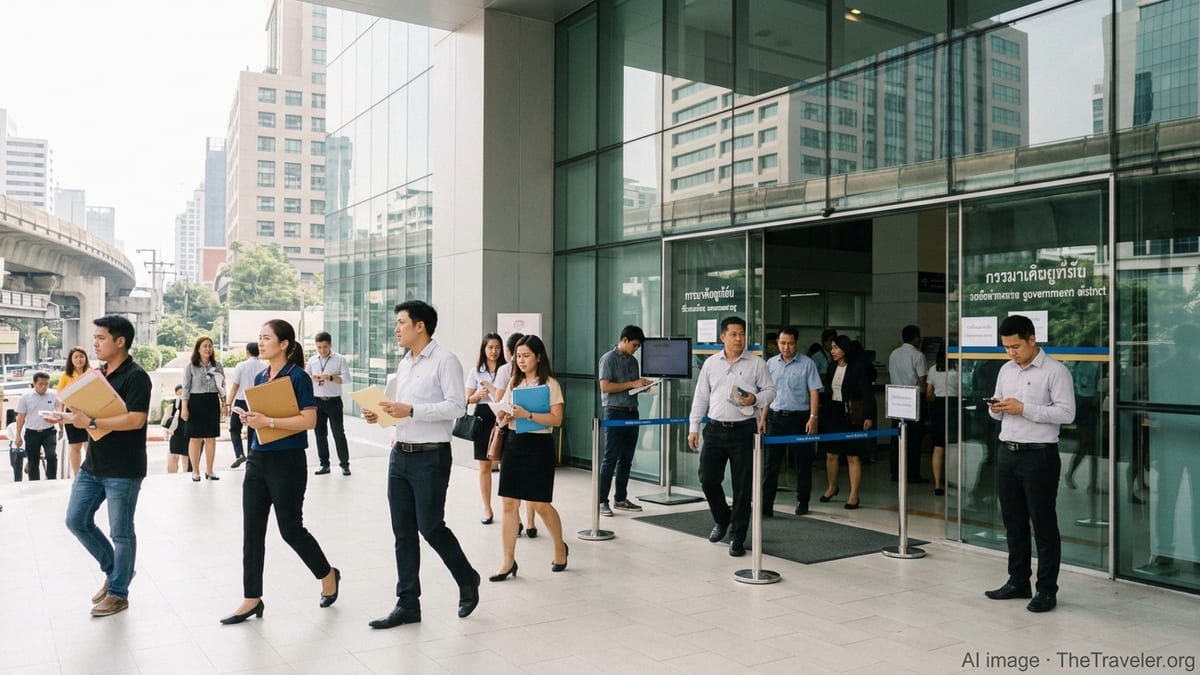 Expats and locals outside a modern government building in Bangkok handling documents.