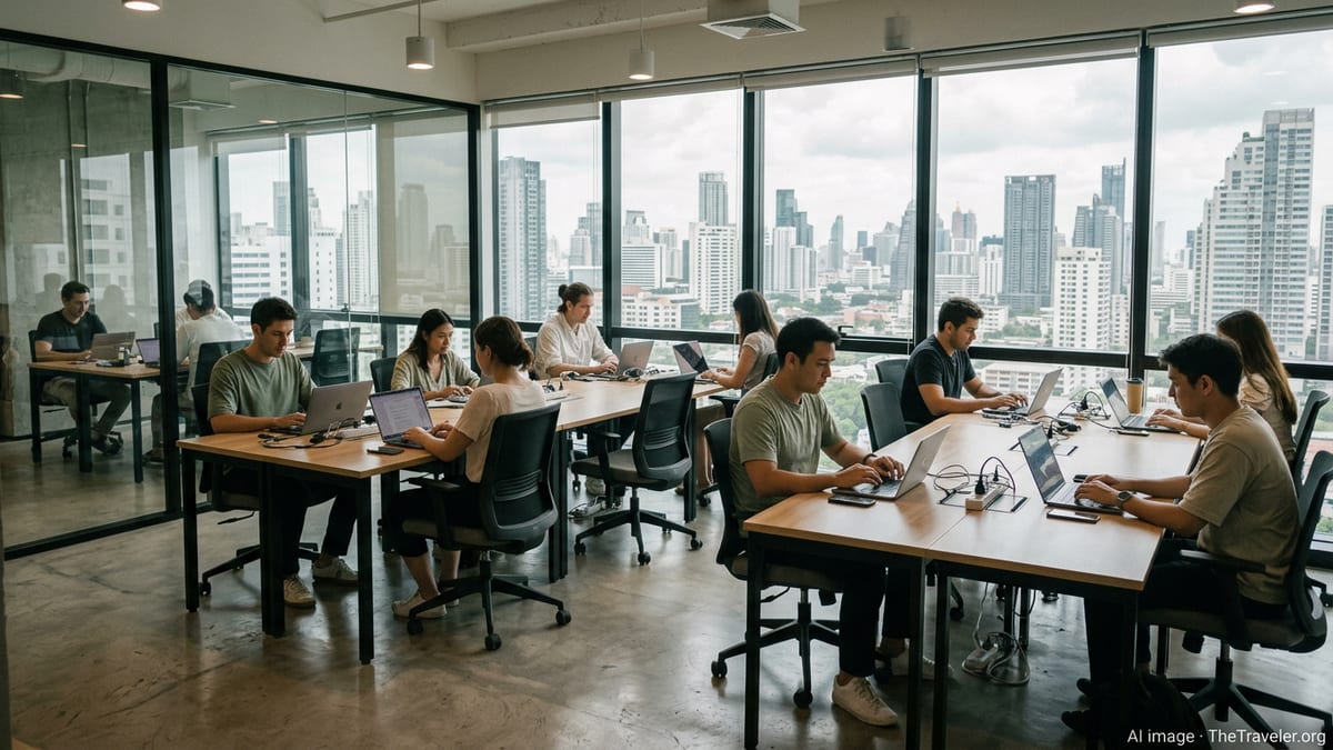 Remote workers using laptops in a modern Bangkok coworking space with city skyline view.