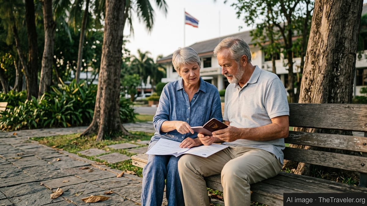 Retired couple in a Thai park reviewing documents with an official building in the background.