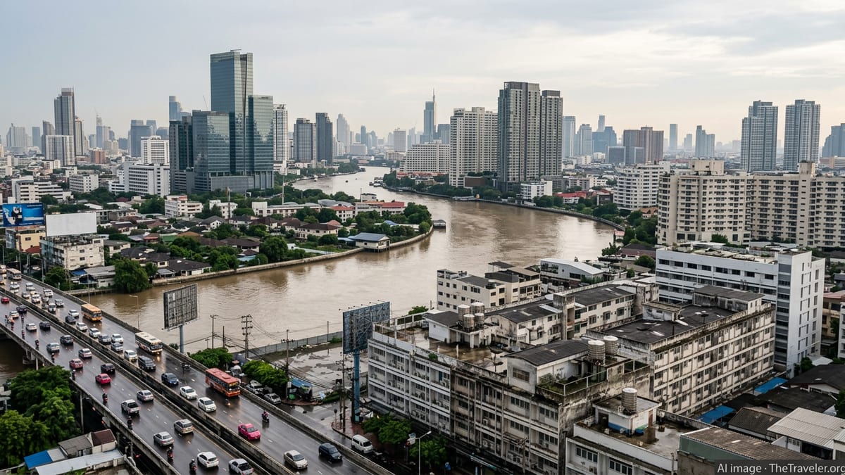 Aerial view of Bangkok business district and river under cloudy sky after rain, showing dense buildings and wet roads.