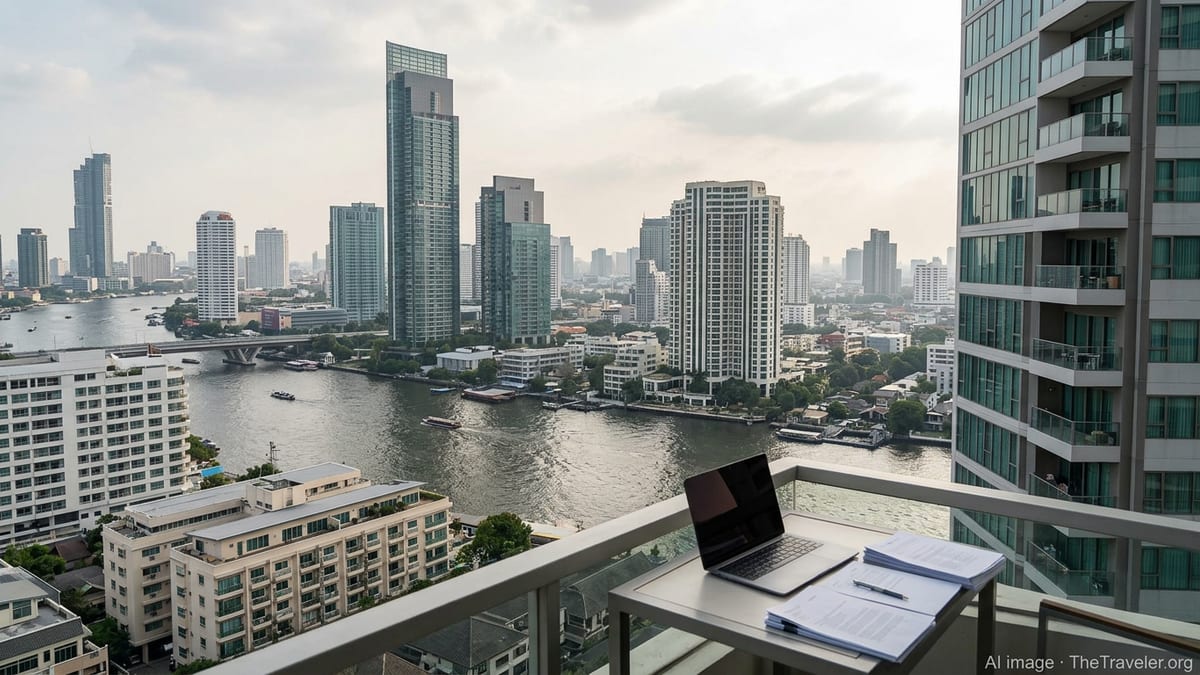 Bangkok riverfront business district with offices and condos under soft afternoon light