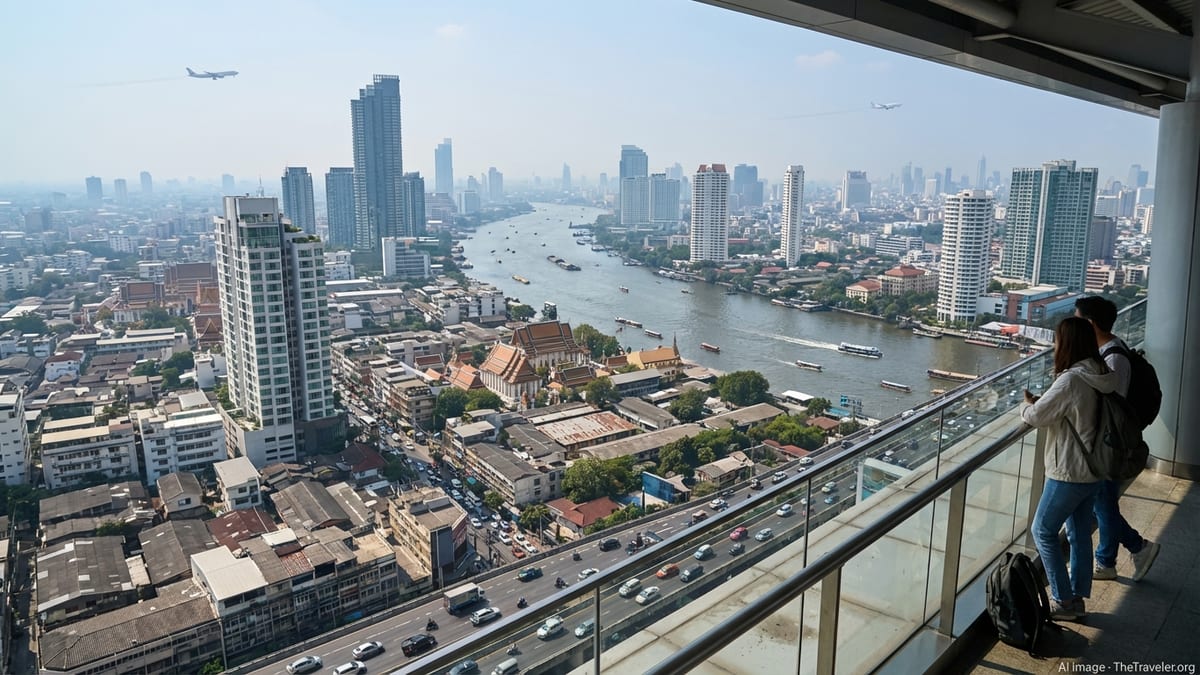 View over Bangkok skyline with travelers watching from a high window as planes and traffic move through hazy morning light.
