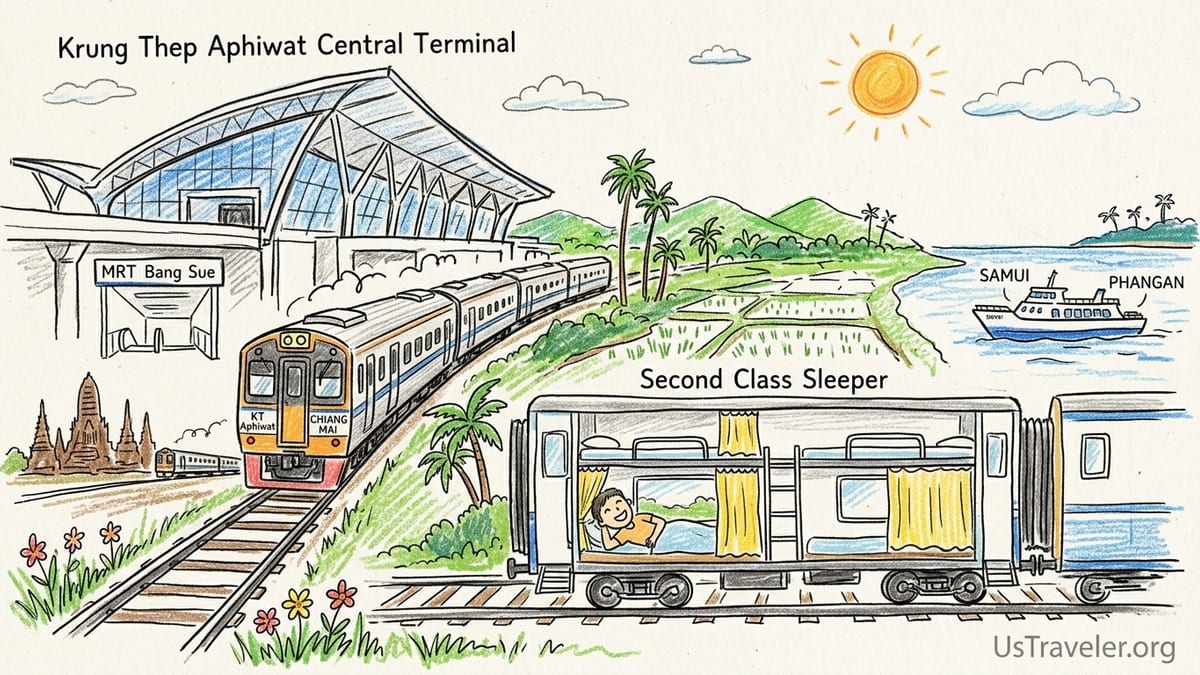 Travelers boarding a Thailand sleeper train at Krung Thep Aphiwat Central Terminal in Bangkok