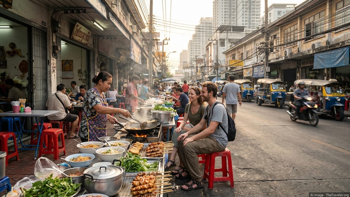 Foreign travelers eating at a busy Bangkok street food stall at golden hour.