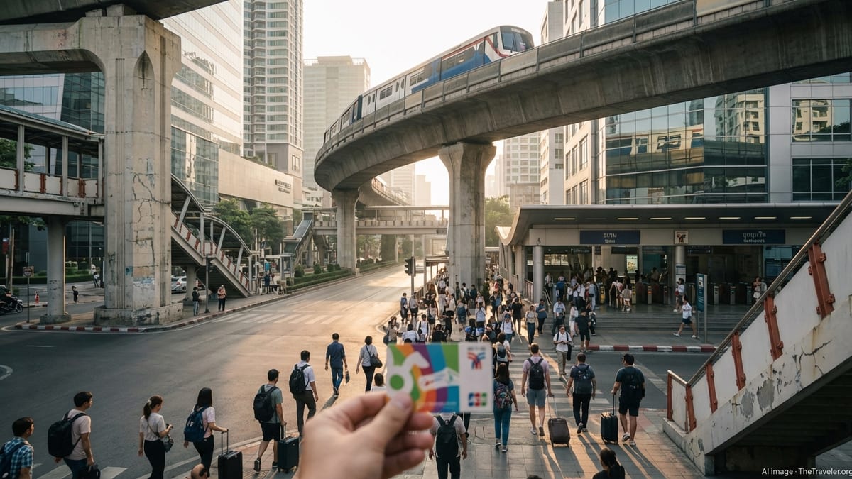 Travelers using smart cards at a busy Bangkok Skytrain and MRT station.