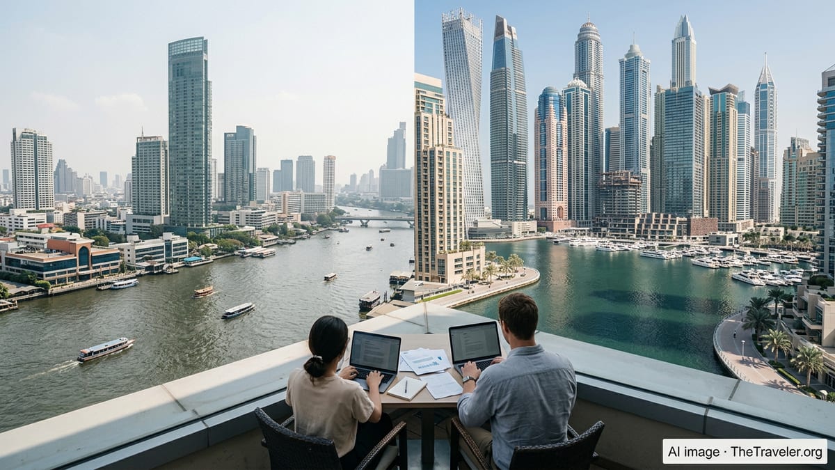 Bangkok and Dubai skylines side by side with remote workers on a rooftop terrace.