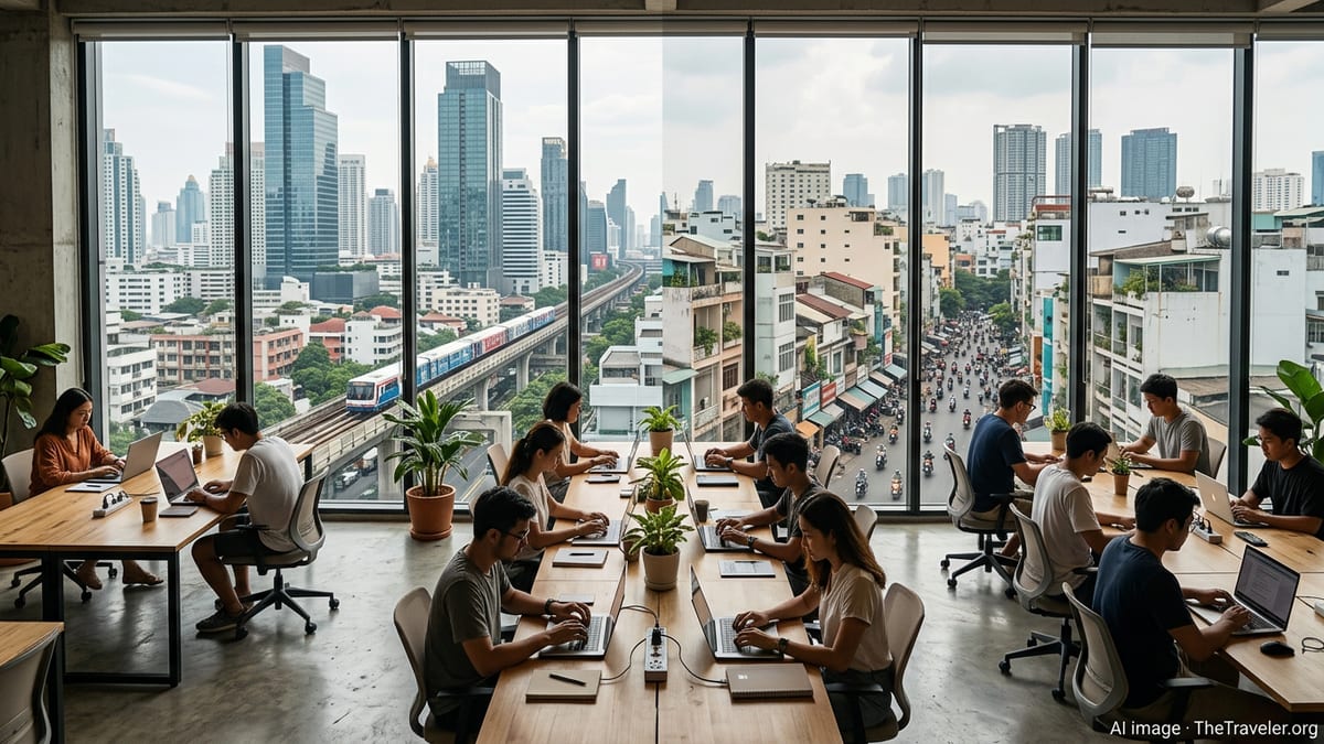Coworking space with remote workers overlooking Bangkok and Ho Chi Minh City skylines.