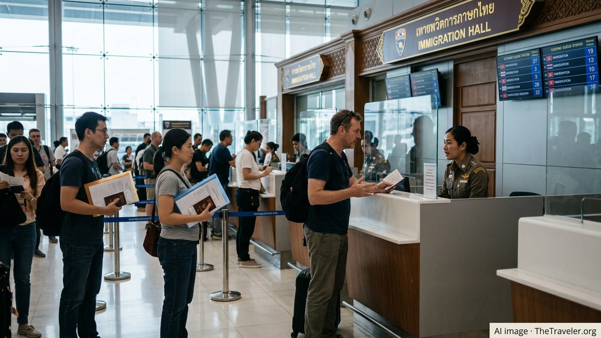 Travelers at Thai immigration counters presenting documents for visa checks in an airport hall.