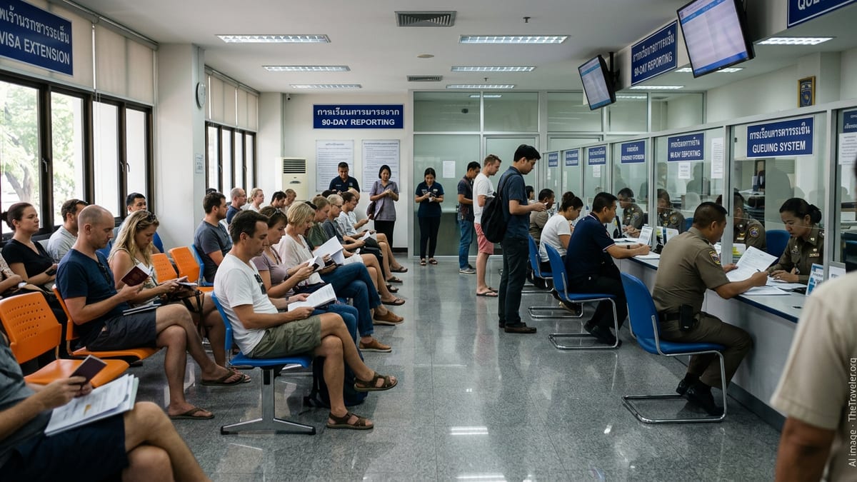 Foreign expats waiting and speaking with officers inside a Thai immigration office about visa extensions.