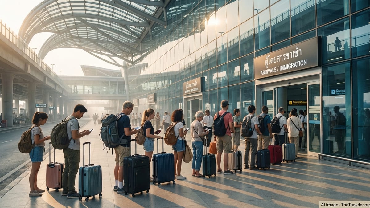 Travelers arrive at Bangkok airport immigration area with passports ready in soft morning light.