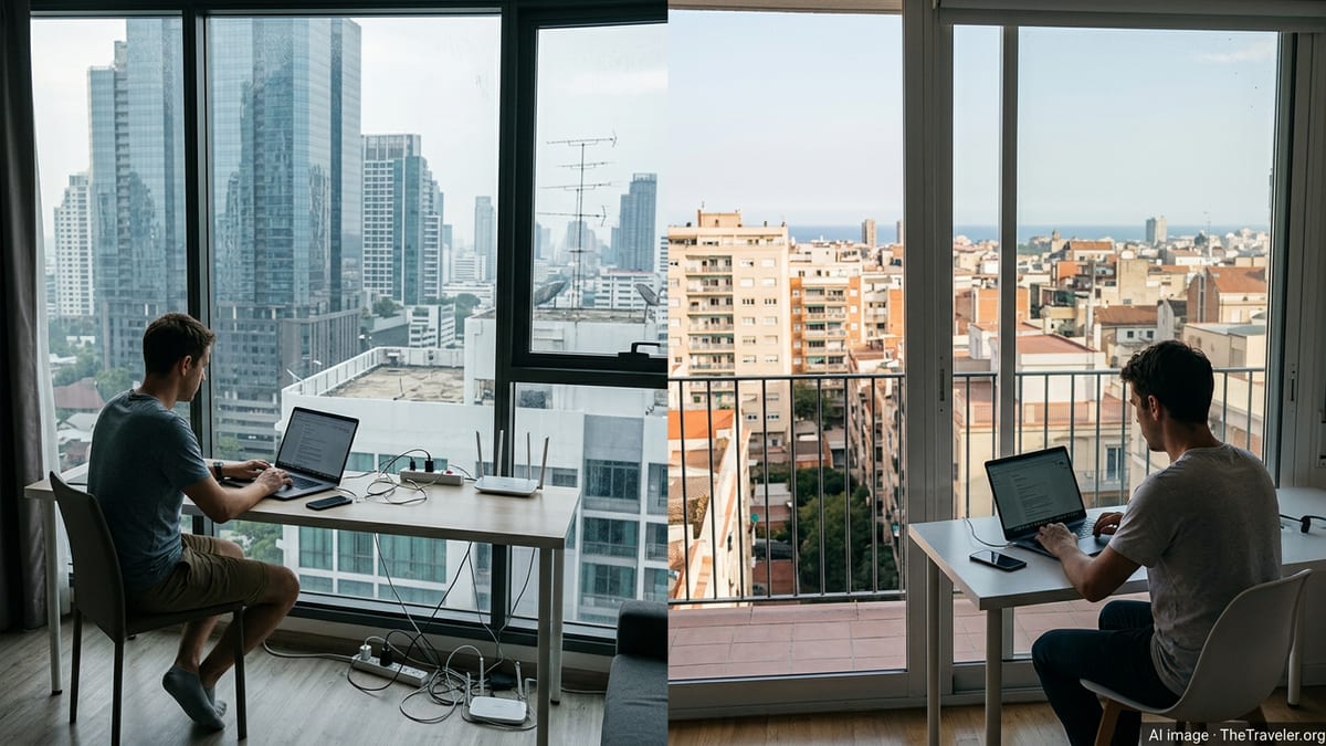 Remote workers using laptops in high-rise apartments overlooking Bangkok and Barcelona city skylines.