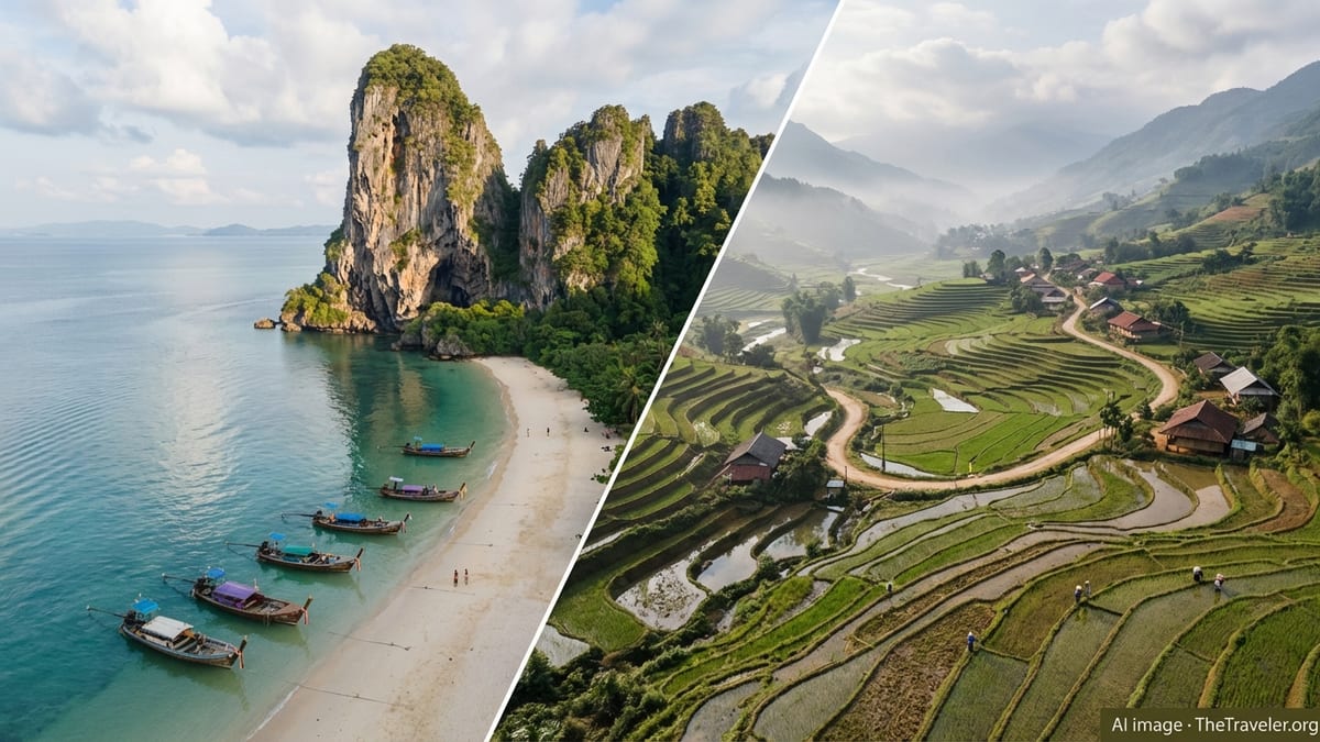 Aerial view contrasting Thailand’s turquoise karst islands with Vietnam’s green terraced rice fields in soft morning light.