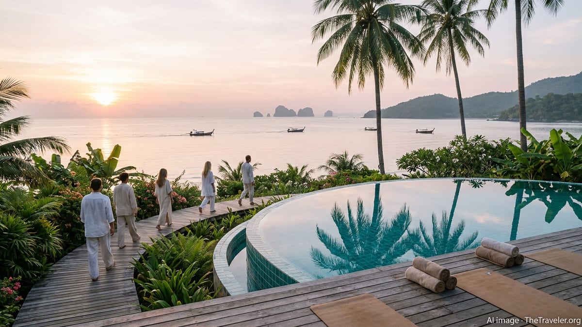 Beachfront wellness resort terrace in Thailand at sunrise overlooking a calm sea.