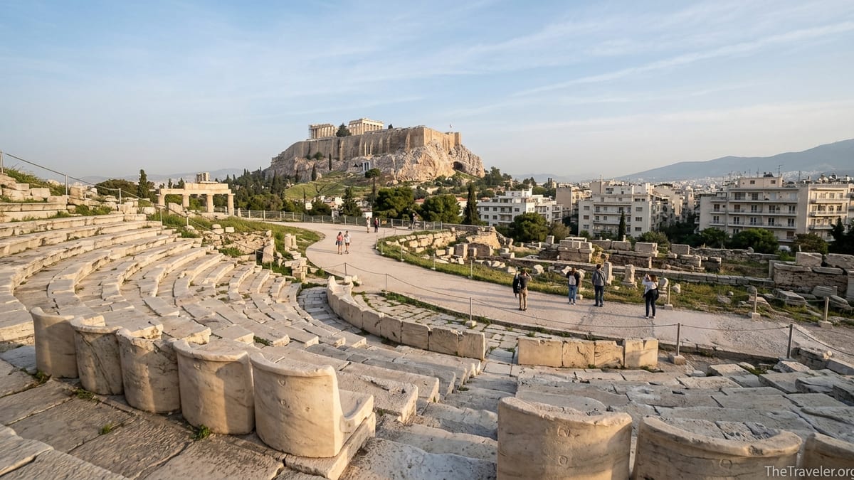 Visitors walking past the ancient marble seating of the Theatre of Dionysus on the South Slope of the Acropolis in Athens.