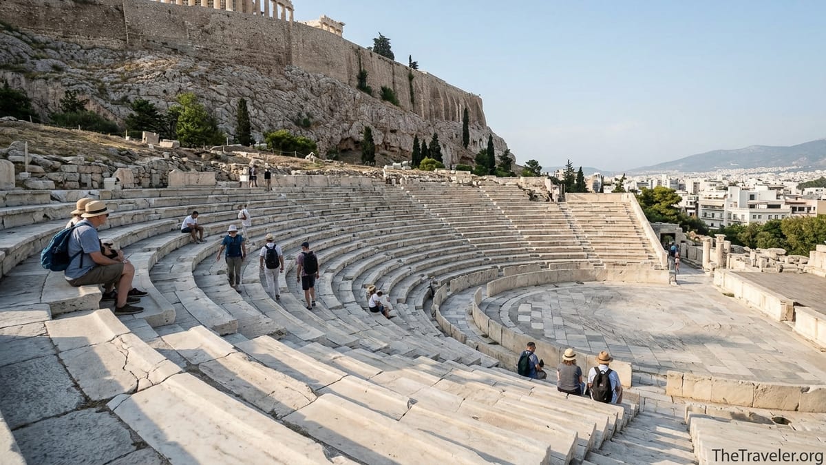 Visitors exploring the ancient stone tiers of the Theatre of Dionysus below the Acropolis in Athens.