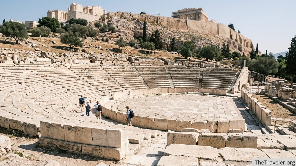 View of the ancient Theatre of Dionysus marble seats and orchestra below the Acropolis in Athens.