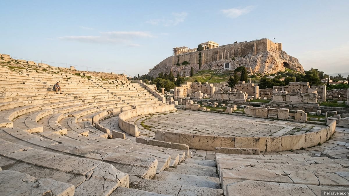 Curving marble seats of the Theatre of Dionysus with the Acropolis and Parthenon above in soft morning light.