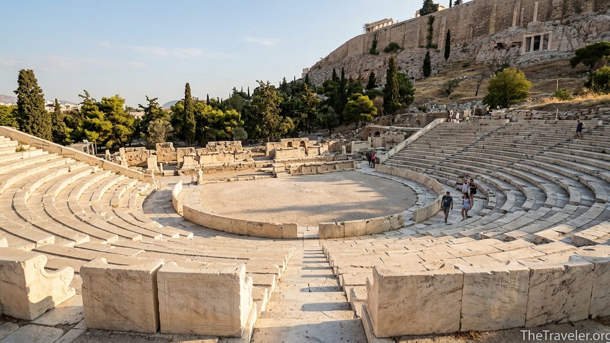Wide view of the Theatre of Dionysus showing curved stone seating, priest thrones and orchestra beneath the Acropolis.