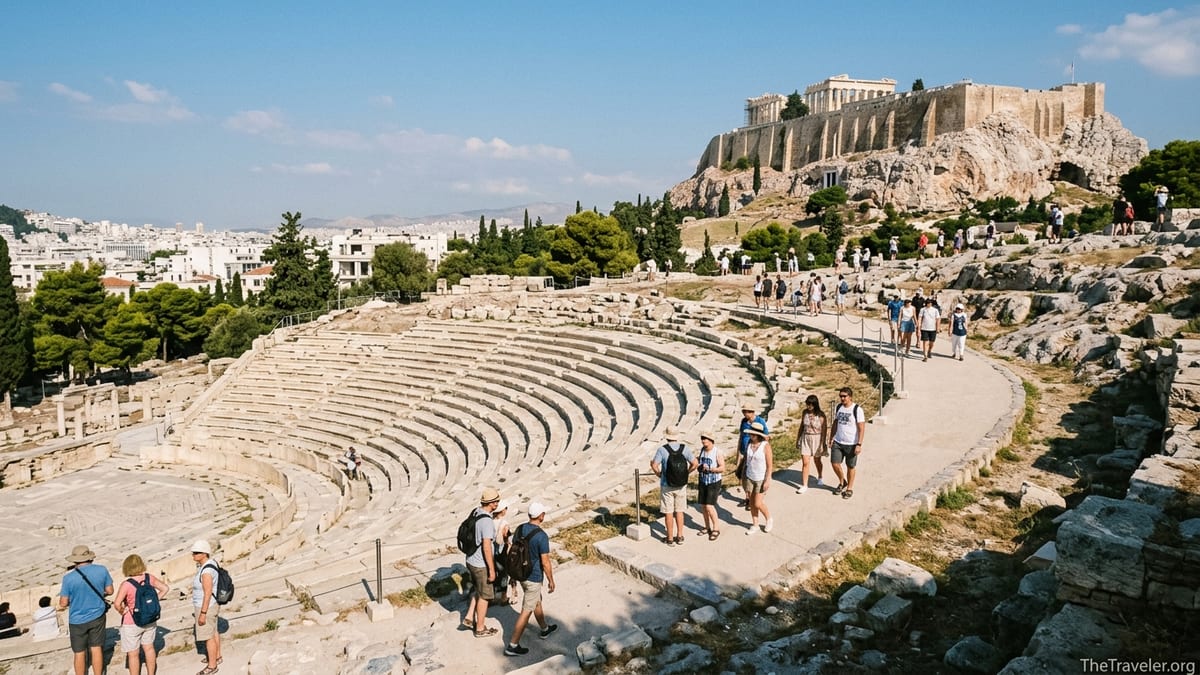 Visitors walk past the Theatre of Dionysus toward the Acropolis via the South Slope entrance.