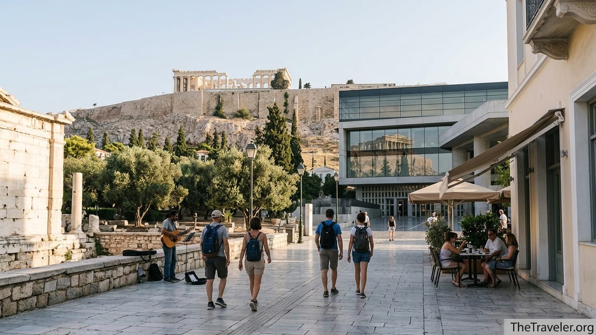 Pedestrian promenade near the Acropolis Museum with views of the Acropolis hill in Athens.
