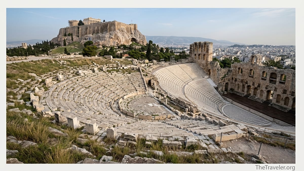 View of the Theatre of Dionysus and Odeon of Herodes Atticus on the south slope of the Acropolis in Athens.