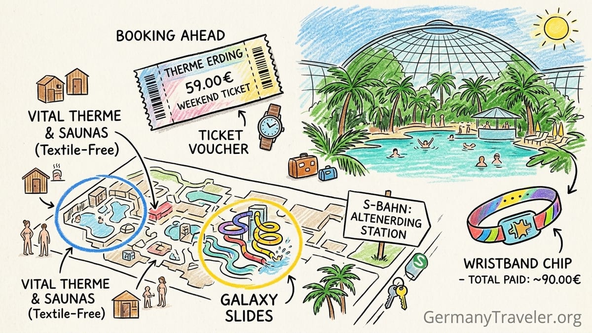 Wide view of Therme Erding’s tropical dome with palm-fringed thermal pool and bathers relaxing.