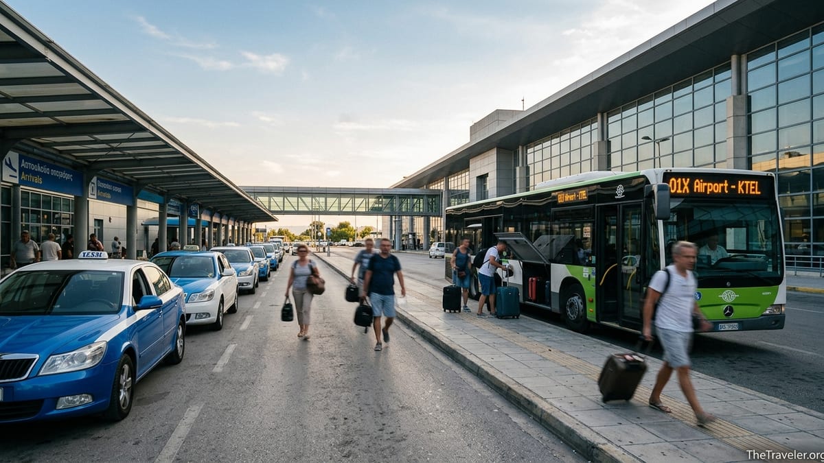 Taxis and airport bus waiting outside Thessaloniki Airport arrivals at sunset