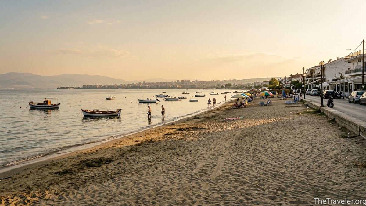 Late afternoon view of Perea beach near Thessaloniki with sunbeds, calm sea and the city skyline in the distance.